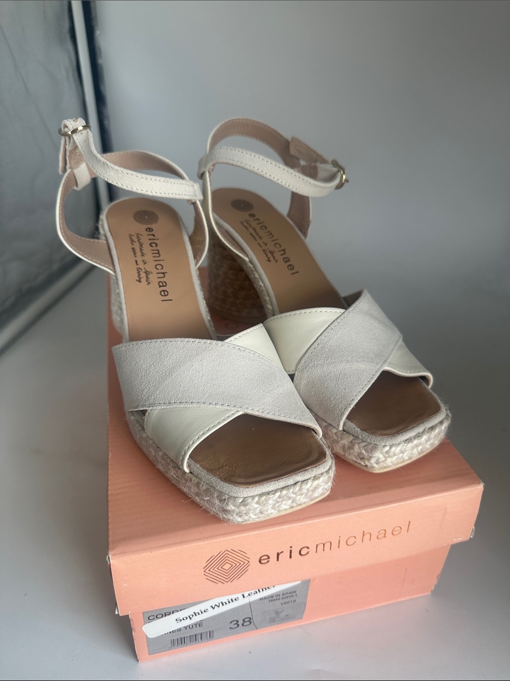 Eric Michael White Leather Espadrille Wedge Sandals with Ankle Strap
